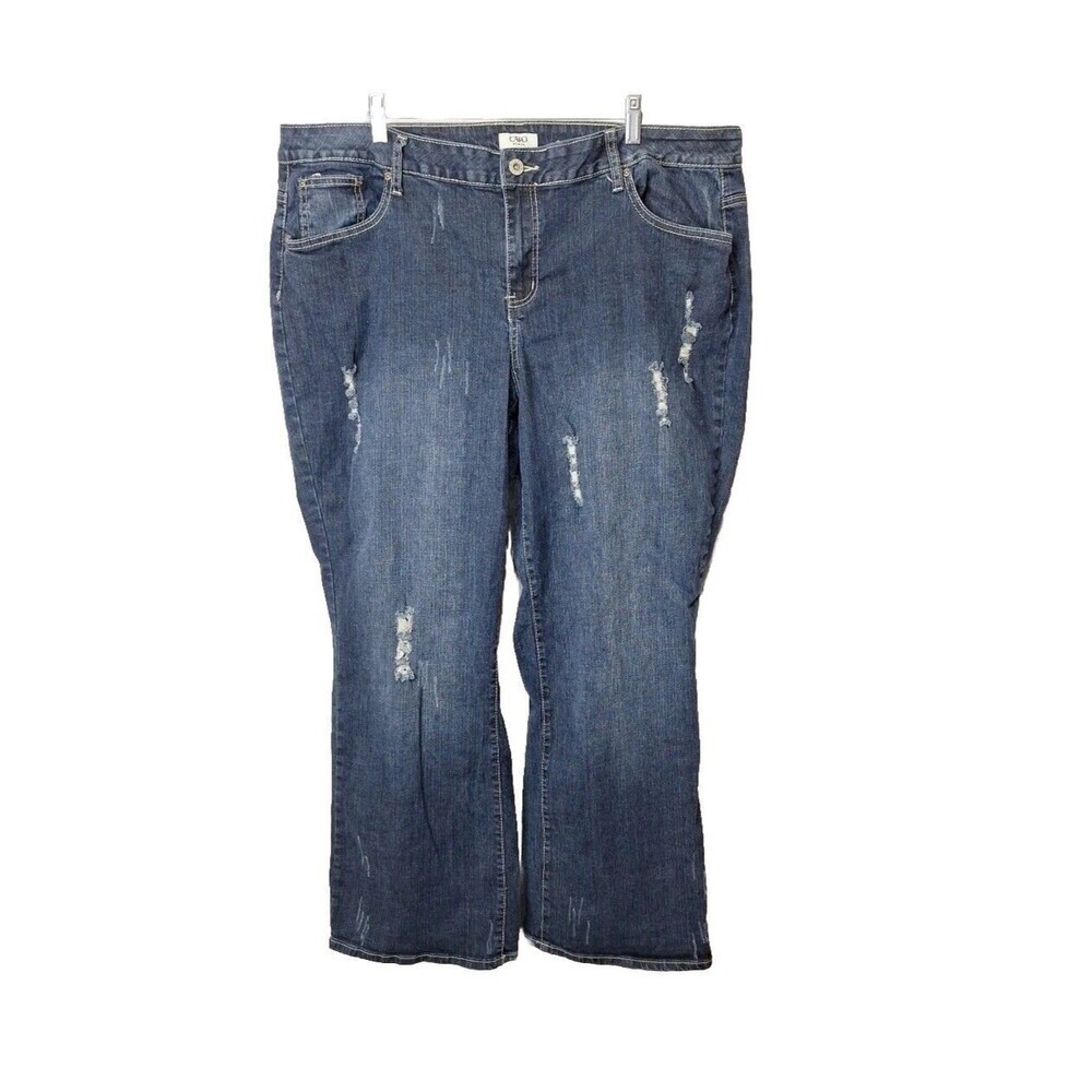 Cato Woman 22W Distressed Destroyed Jeans Pockets Logo Stretch Straight Leg Blue